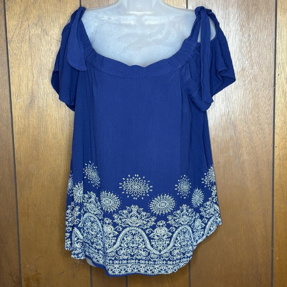 Hudson Harper Peasant Top M Boho Tie Cold Shoulder Blue Cottage Coastal Festival